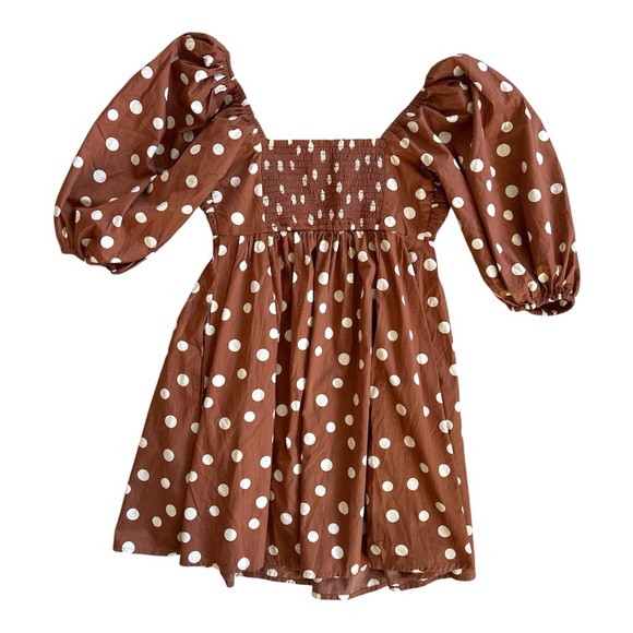 Abercrombie Emerson Ruched Puff Sleeve Brown Polka Dot Mini Dress X-Small NWT - Picture 5 of 5